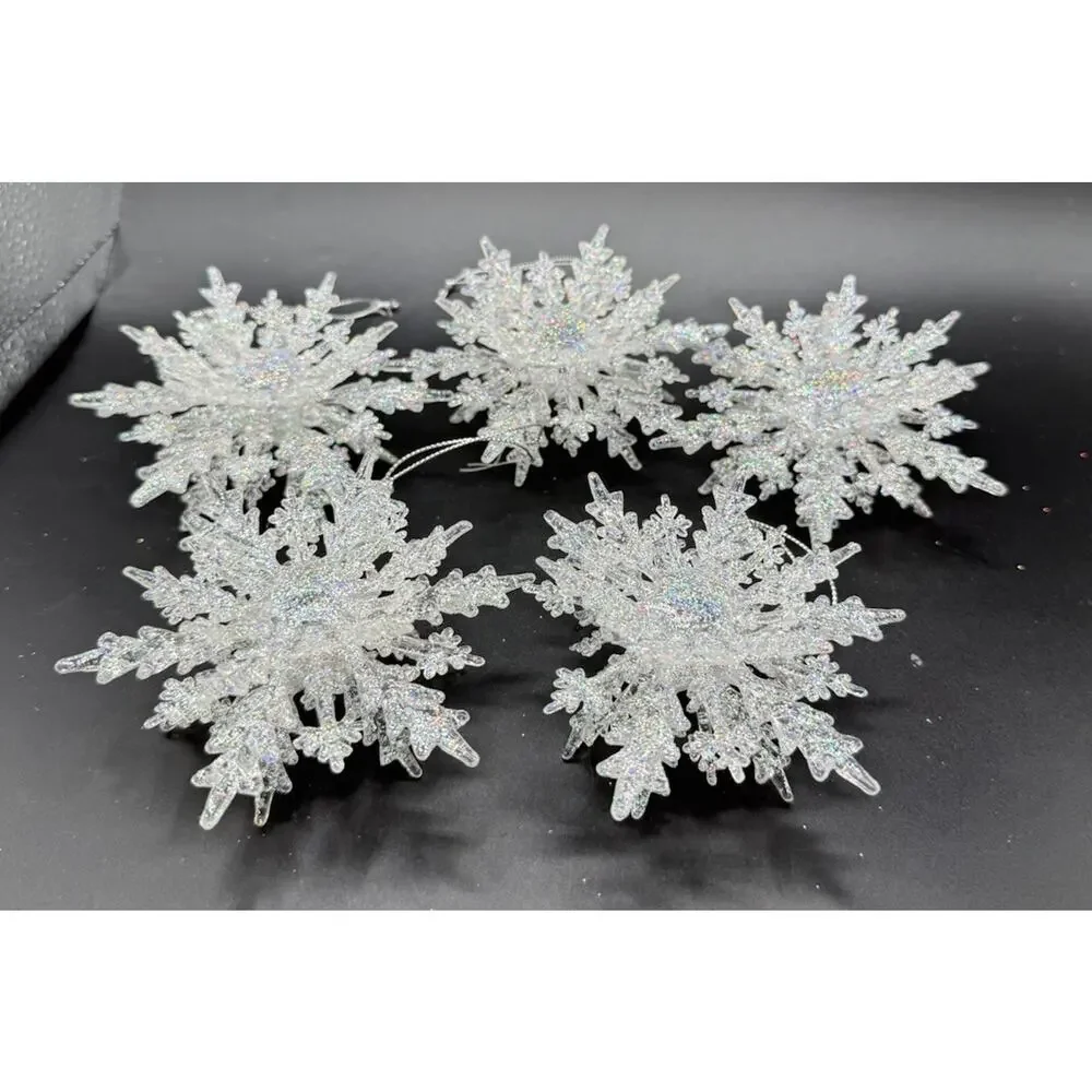 Beautiful Acrylic 3D Iridescent SNOWFLAKE Christmas Ornaments Set Of 5 -LO23